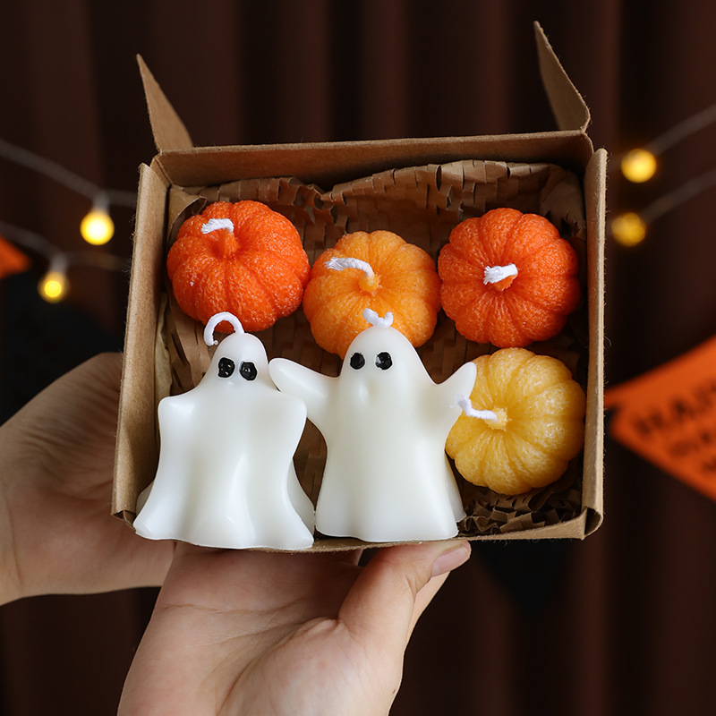 Candle Containers - ชุดเทียนฮาโลวีนในกล่องของขวัญ ลายผีและฟักทองน่ารัก สำหรับตกแต่งโต๊ะงานปาร์ตี้ฤดูใบไม้ร่วง และตกแต่งบ้าน